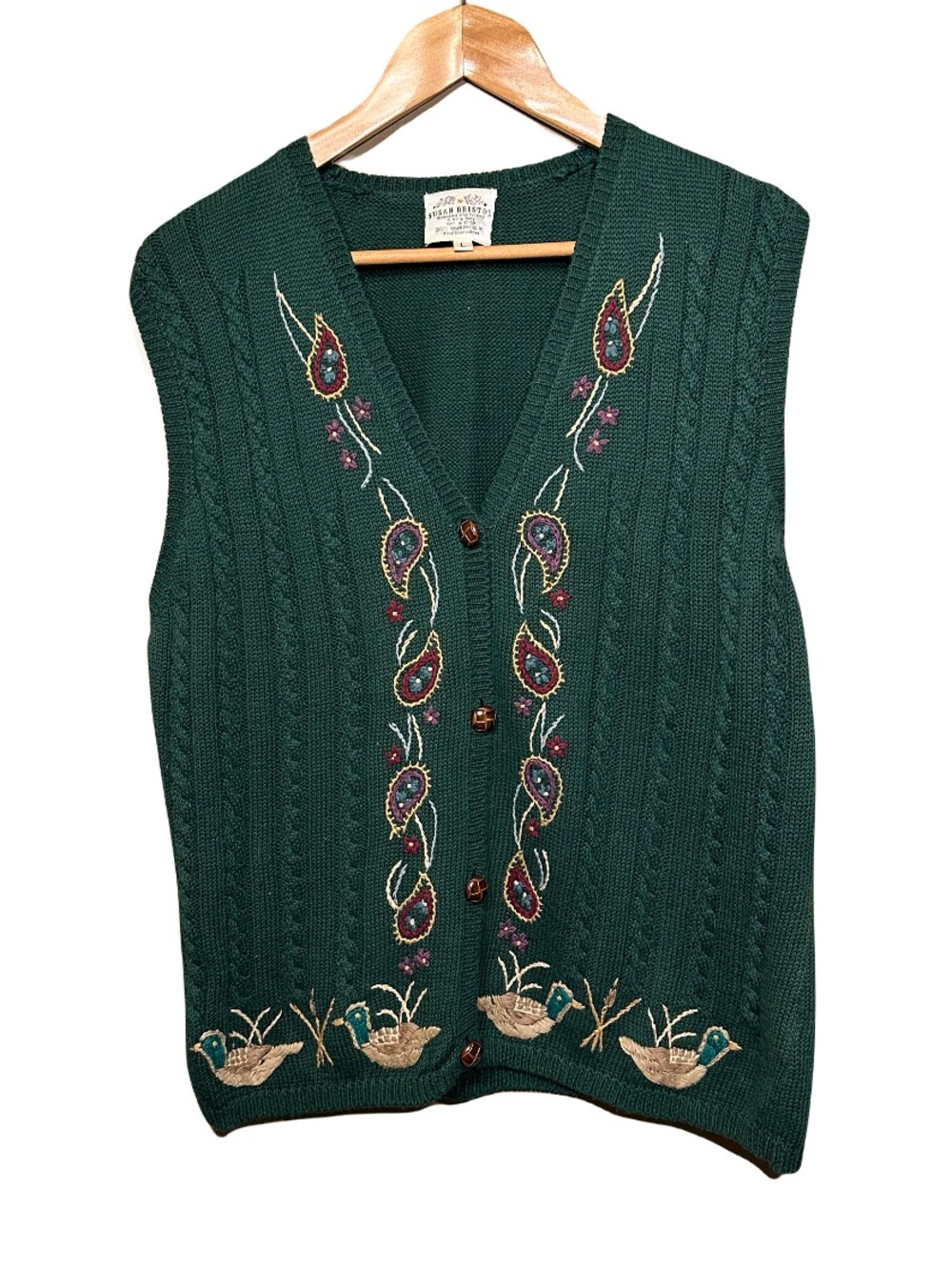 Vintage 90s Hand Embroidered Duck Paisley Cable Knit Cottagecore Sweater Vest